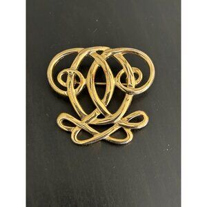 Gold Tone Vintage Monogrammed Brooch Pin With Decorative Scrollwork Design